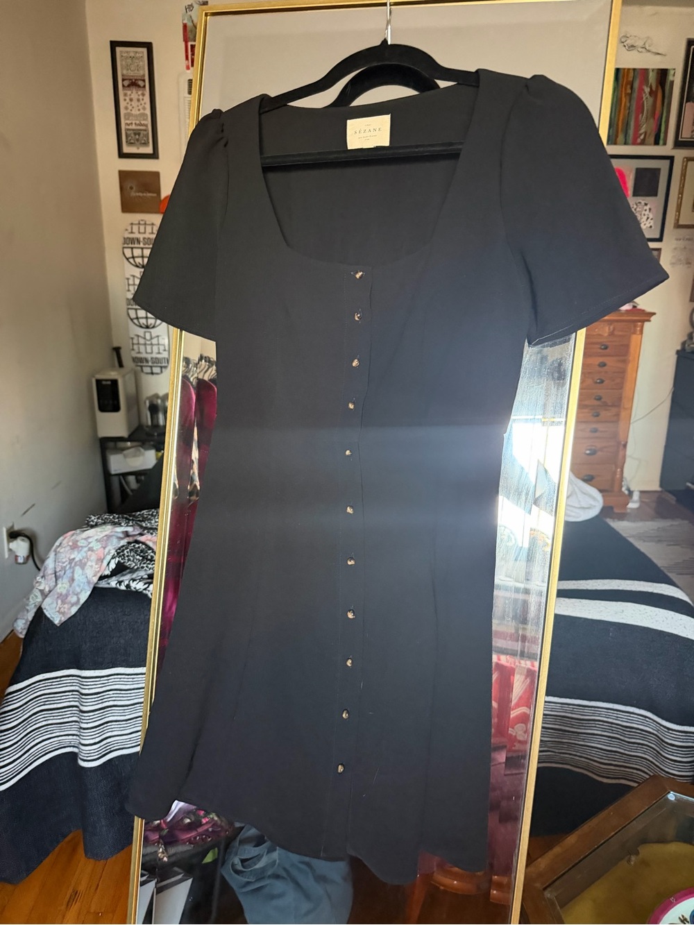 Sezane Black Square-Neck Button-Front Mini Dress